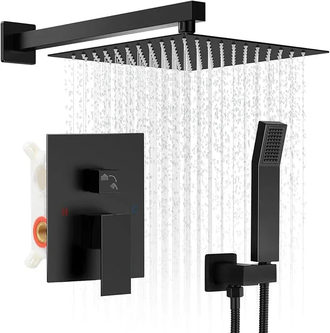 RNDIOZD Black Shower Faucet Set, 10 inch Rain Shower System with Pressure Balance Valve, Wall Mounted 2-Functions Bathroom Shower Systems with Rain Shower and Handheld Spray Shower Trim Included - ModernBath