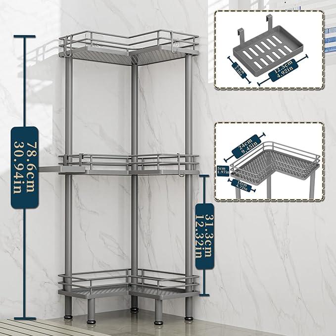 Consumest Corner Shower Caddy Standing - 3-Tier Stainless Steel Shower Organizer with Soap Holder and 4 Hooks, Large Capacity Corner Shelf Stand for Bathroom, Rest Room, Grey - ModernBath