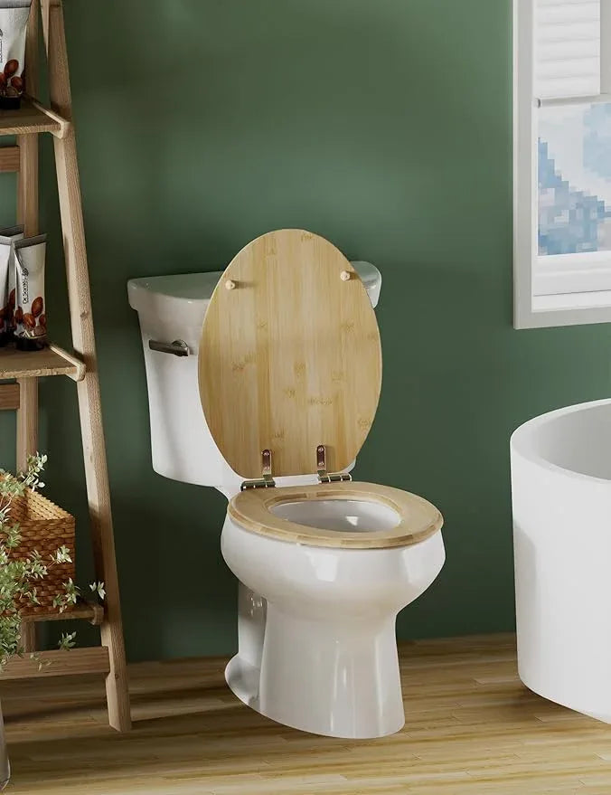 Angol Shiold ELONGATED Bamboo Wood Toilet Seat Soft Close Zinc Alloy Strong Hinges, Light, Easy to Install & Clean, Up to 400 lbs (Elongated 18.5", Natural Bamboo) - ModernBath