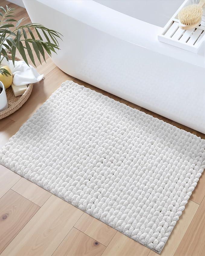 DEXI Bathroom Rugs 24x36, Non Slip Washable Bath Mat, Luxury Chenille Super Absorbent Ultra Thick Bathmats for Shower Floor, Plush Fluffy Shaggy Carpet for Tub, White - ModernBath