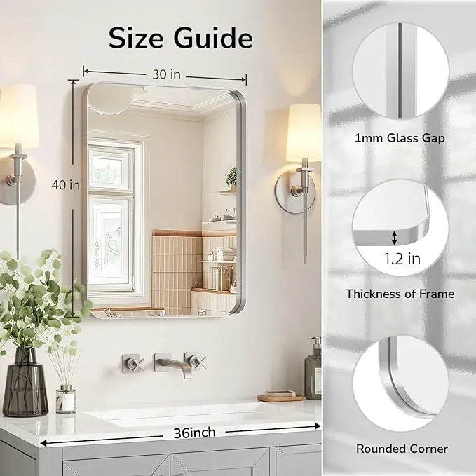 USHOWER Brushed Nickel Bathroom Mirror 30"x40", Silver Rectangle Mirror for Over Sink, Rounded Corner, Aluminum Frame, Anti-Rust, Tempered Glass, Horizontal or Vertical Mounted - ModernBath