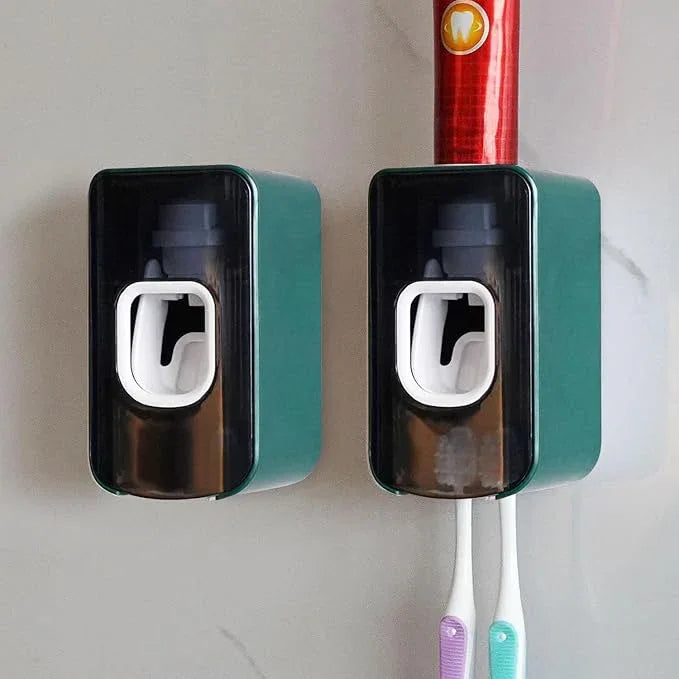 2 Slot Toothbrush Holder and Toothpaste Dispenser Wall Mounted, Automatic Toothpaste Squeezer, 2 in 1 Tooth Brush Toothpaste Organizer for Shower (Green 2Pack) - ModernBath