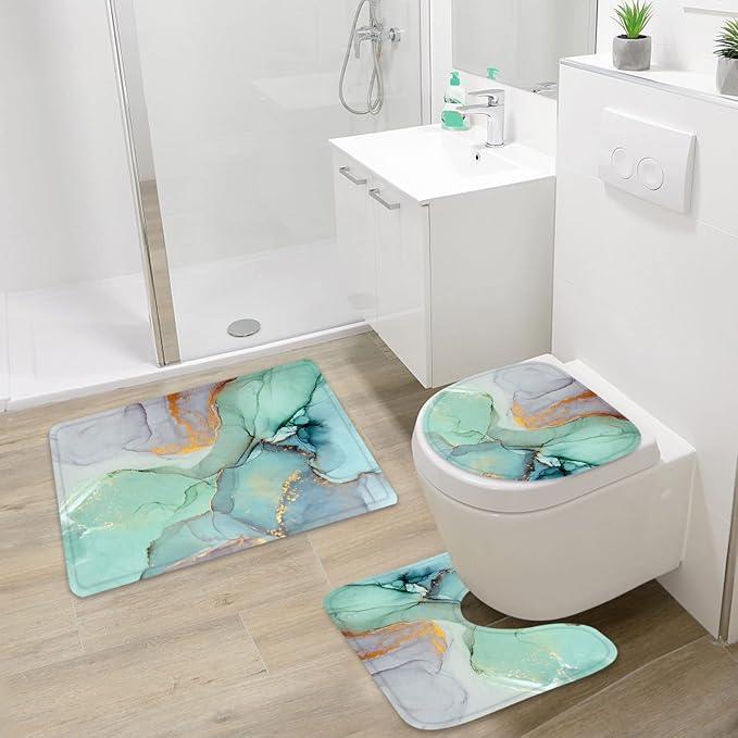 Gibelle 4 Pcs Shower Curtain Set with Non-Slip Rugs Toilet Lid Cover and Bath Mat, Green Marble Bathroom Decor Set with Accessories - ModernBath