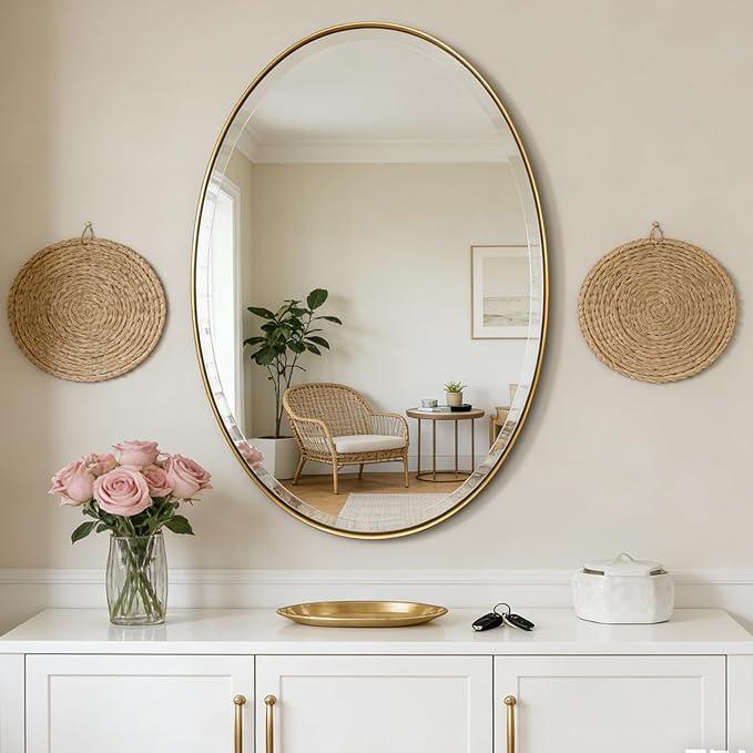 POZINO Brushed Gold Beveled Mirror, 24"x36" Brass Oval Mirrors, Bathroom Mirror for Over Sink, Modern Rounded Vanity Wall Mirrors in Premium Stainless Steel Frame, Hangs Horizontal Or Vertical - ModernBath