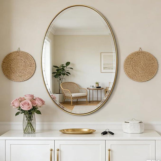 POZINO Brushed Gold Beveled Mirror, 24"x36" Brass Oval Mirrors, Bathroom Mirror for Over Sink, Modern Rounded Vanity Wall Mirrors in Premium Stainless Steel Frame, Hangs Horizontal Or Vertical - ModernBath