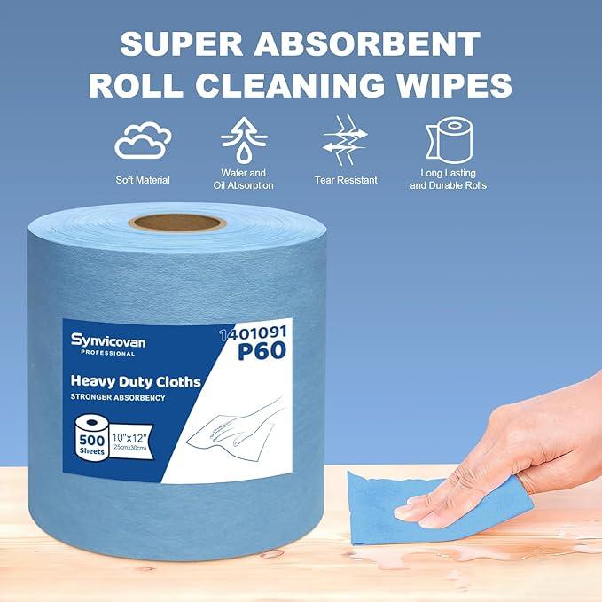 Synvicovan Multi-purpose Industrial Cleanroom Wipes, Lint-Free Jumbo Roll Cleaning Wipes, High Absorbency，12"x 10", Roll of 500 Sheets (Blue) - ModernBath