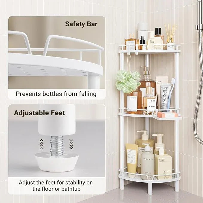 ELYKEN Corner Shower Caddy Standing, 3 Tier Rustproof Metal Shower Organizer with Soap Holder, Floor Shower Corner Shelf Rack Storage Stands with Adjustable Feet & 2 Hooks for Bathroom, White - ModernBath