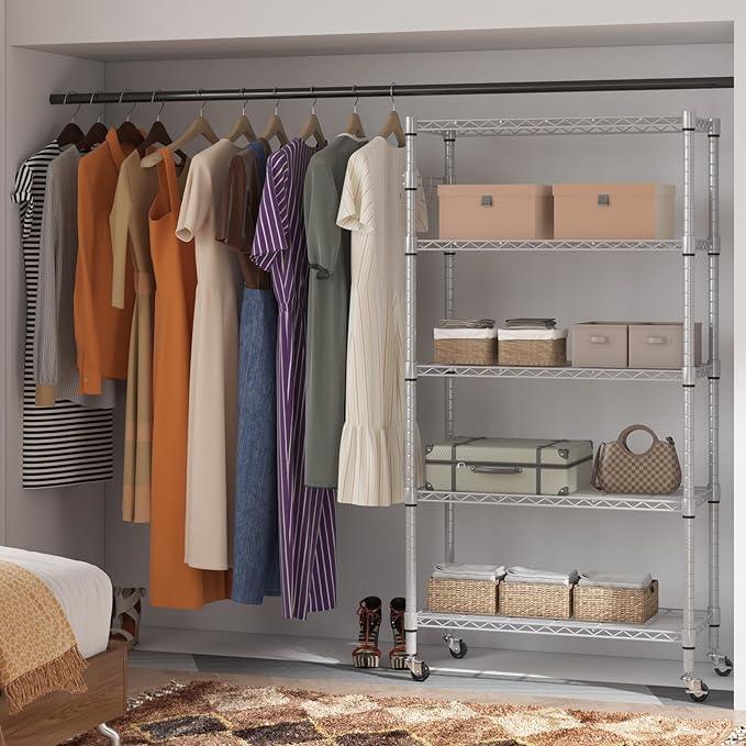 Homdox 5 Tier Adjustable Rolling Storage Shelves, Heavy Duty Wire Racks and Shelving, Metal Shelves for with Side Hooks Pantry Closet Kitchen Garage Organization, Silver Gray - ModernBath
