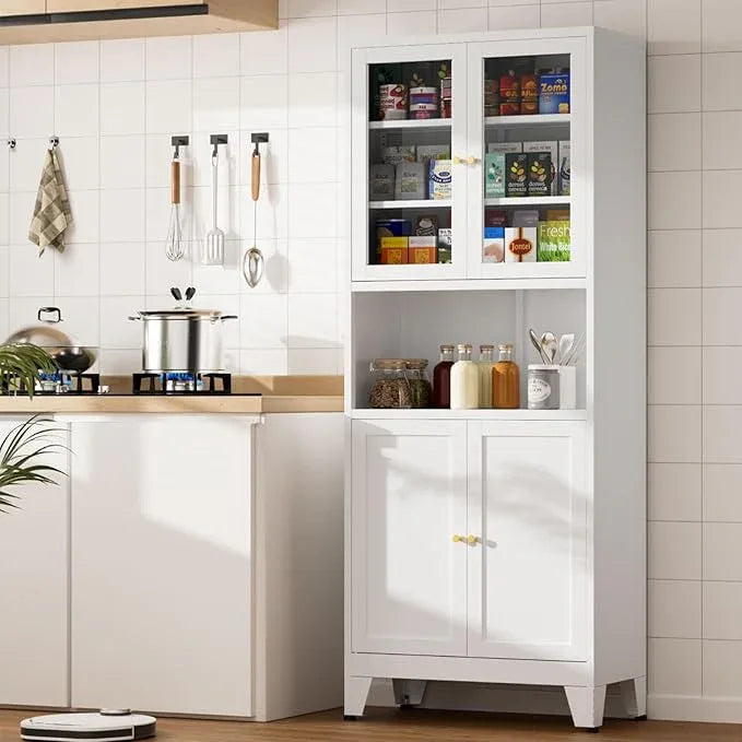 Metal Kitchen Pantry Cabinet, 69" Tall Storage Cabinet with 4 Doors and 3 Adjustable Shelves, Freestanding Cupboards for Dining Room, Living Room, Bathroom (White-Glass, 69" H) - ModernBath