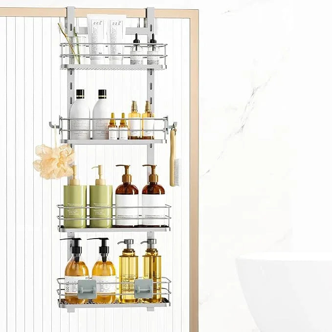 Orimade Adjustable Hanging Over the Shower Door Caddy,Bathroom Organizer Shelf Storage with 4 Hooks for Razor,No Drilling Rustproof Shower Rack Basket, 4 Tier, Silver - ModernBath