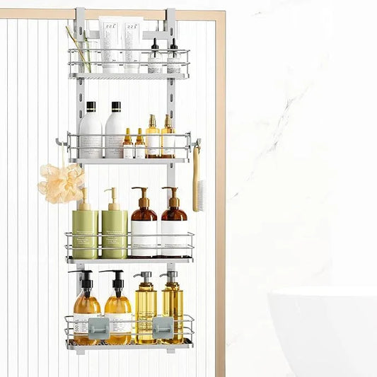 Orimade Adjustable Hanging Over the Shower Door Caddy,Bathroom Organizer Shelf Storage with 4 Hooks for Razor,No Drilling Rustproof Shower Rack Basket, 4 Tier, Silver - ModernBath