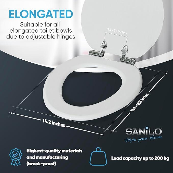 SANILO Wooden Toilet Seat with Soft Close [ELONGATED] - Decorative, Quiet & Slow Close Molded Wood Seat - With Strong Bumpers & Hinges - Adjustable Fit - White Wood - ModernBath