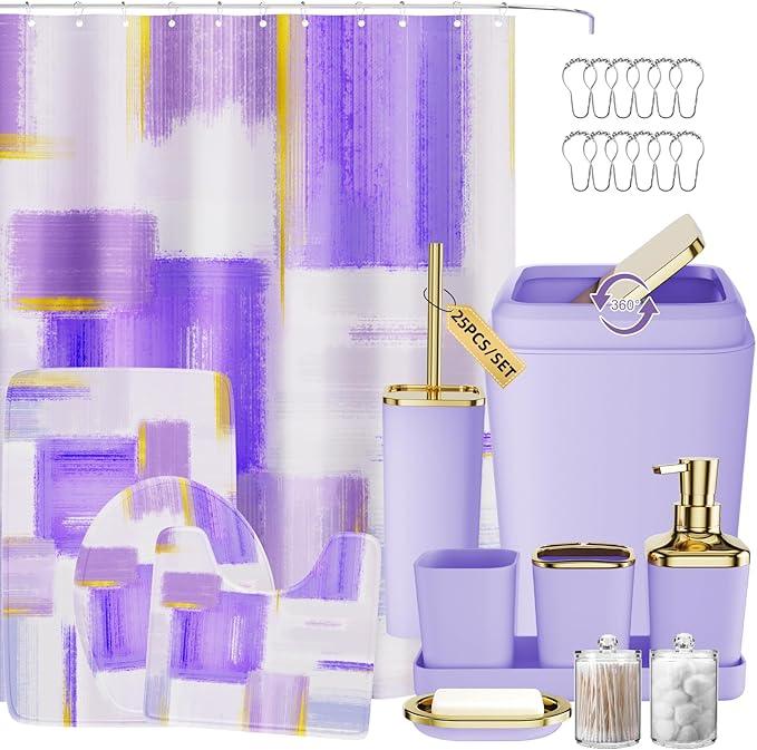 XLHOMO Bathroom Set - Purple and Gold Bathroom Accessories Set, Bathroom Sets with Shower Curtain and Rugs, Purple Shower Curtain Set with Bathroom Trash Can, Soap Dispenser, Soap Dish for Home Decor - ModernBath