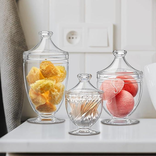 Amazing Abby - Aspire - Plastic Bathroom Canisters (3-Piece Set, 46/34/12 oz) (NOT Glass), Acrylic Apothecary Jars for Vanity, BPA-Free and Shatter-Proof, Great for Cotton Balls and Bath Sponges - ModernBath