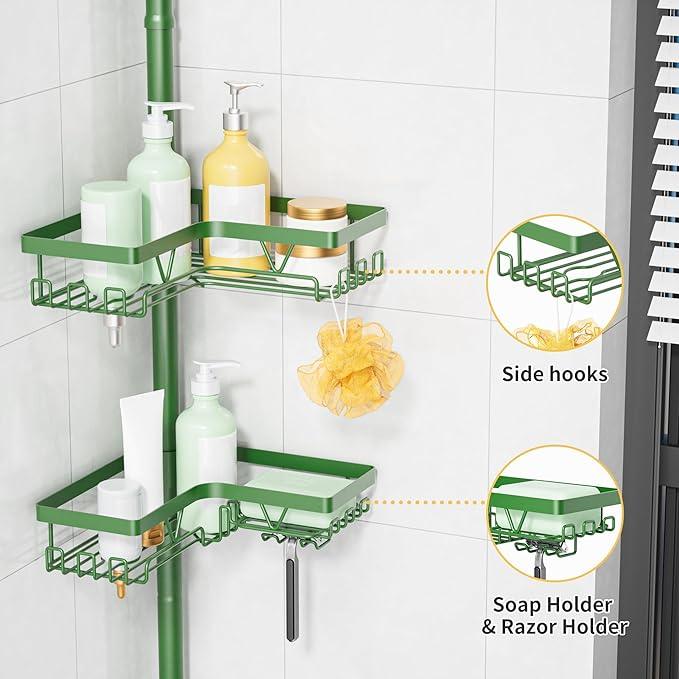 KEGII Shower Caddy Tension Pole, 4-Tier Rustproof Adjustable Corner Bathroom Organizer for Renters, 25–114.2 Inch No Drill Space-Saving Shower Storage Rack, Emerald Green - ModernBath