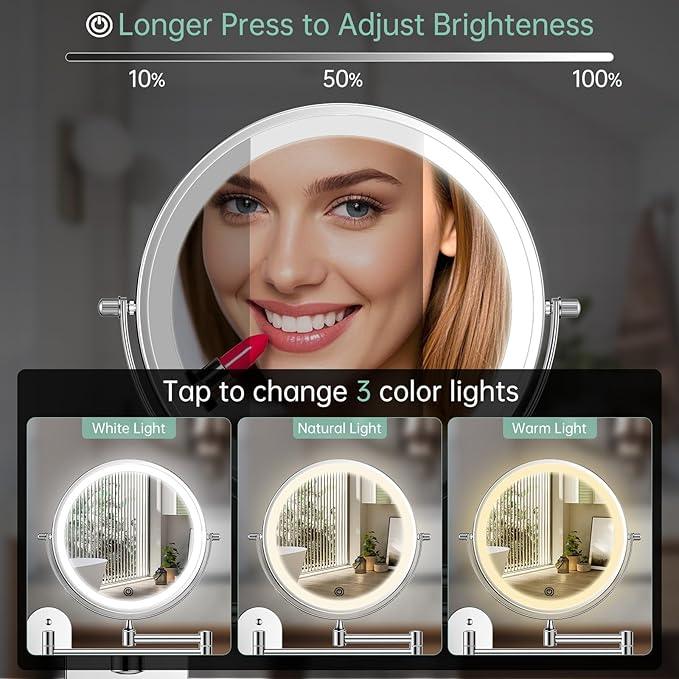 FUNTOUCH 2500mAh Rechargeable Wall Mounted Lighted Makeup Vanity Mirror 8 Inch Double Sided 1X 20X Magnifying Bathroom Mirror, 3 Color Lighting, Touch Dimming, Extended Arm 360° Light up Mirror - ModernBath