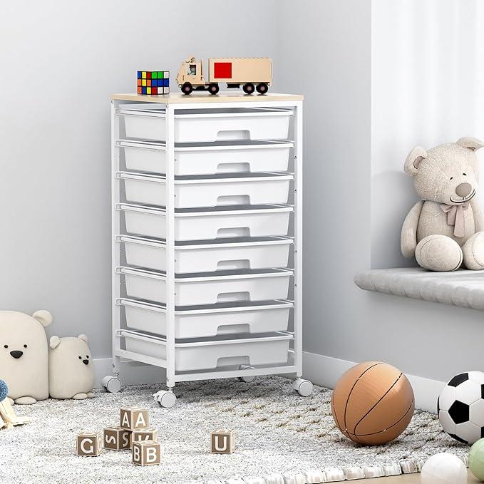 Rolling Storage Cart with Drawers,Utility Cart With 8 Drawers and Wooden Tabletop,Rolling Drawer Cart,Storage Drawer Cart for Living Room,Classroom,Bedroom,Bathroom,Dorm,Office,White - ModernBath