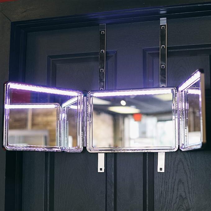 Self-Cut System LED 3 Way Mirror for Self Hair Cutting, Trifold Barber Mirror with Height Adjustable Hooks, 360 View, Includes Free Educational Mobile App (Heaven Lights) - ModernBath