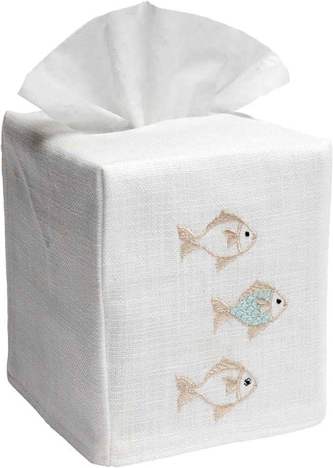 Jacaranda Living Square Tissue Box Cover, Linen/Cotton Fabric Tissue Holder, Decorative Cloth Tissue Cube Cover, Coastal Designs School of Fish, Aqua - ModernBath