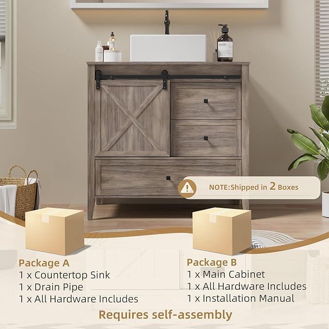 VNN Bathroom Vanity with Sink - 36 Inch Bathroom Vanity with Sink Ceramic, Freestanding Cabinet with Farmhouse Sliding Barn Door and 3 Drawers, Space-Saving Storage Cabinet, Wood Grain Texture, Grey - ModernBath