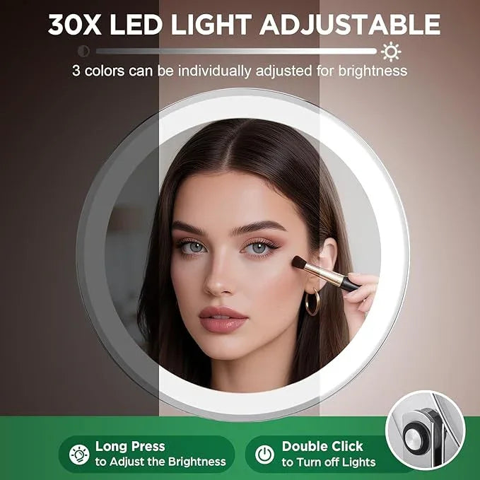 DASLAVA 30x Magnifying Mirror, Lighted Makeup Mirror with 3 Colors Modes & Adjustable Brightness, 5000mAh Rechargeable, 360° Rotation Double Side, Large Magnifying Vanity Mirror, Gifts for Women - ModernBath