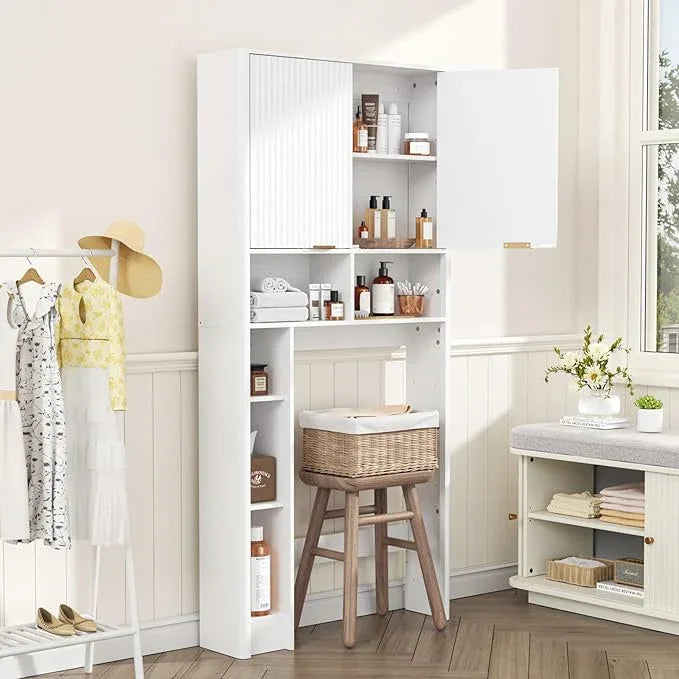 31" W Over The Toilet Storage Cabinet with Fluted Door, White Bathroom Organizer with Adjustable Shelf, 67''H Tall Toilet Paper Holder Stand Wave Door for Restroom, Laundry Room - ModernBath