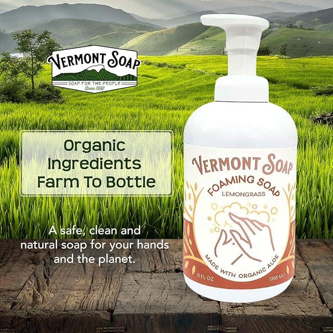 VERMONT SOAP Organic Lemongrass Zen Foaming Hand Soap - Natural Moisturizing Soap for Dry Skin - Fragrance Free Liquid Bathroom Hand Soap Dispenser - Lemongrass Zen - 12 oz - ModernBath