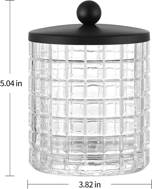 Indecor Home Glass Cotton Jar Holder Matte Black Lid, Elegant Bathroom Storage Canister for Qtips, Cotton Balls, Floss, Makeup Organizer, Vanity Bathroom Organization