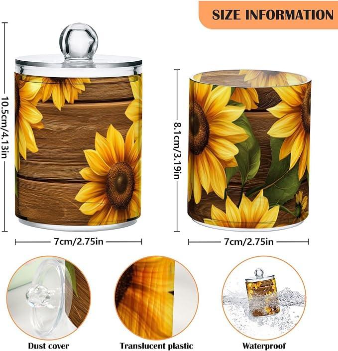 Tatenale Qtip Holder Bathroom Set Q tip Cotton Ball Swab Pad Dispenser Container Organizer Plastic Jars with Lids Storage 2Pack Yellow Sunflower Butterfly - ModernBath