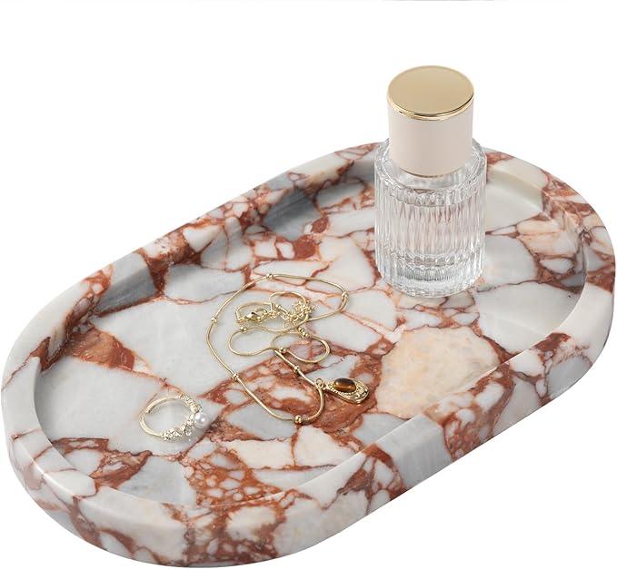 Red Marble Oval Tray 10x6 Inch - Vanity & Bathroom Organizer, Jewelry Dish, Coffee Table Decor - Natural Stone Desktop Catchall - ModernBath