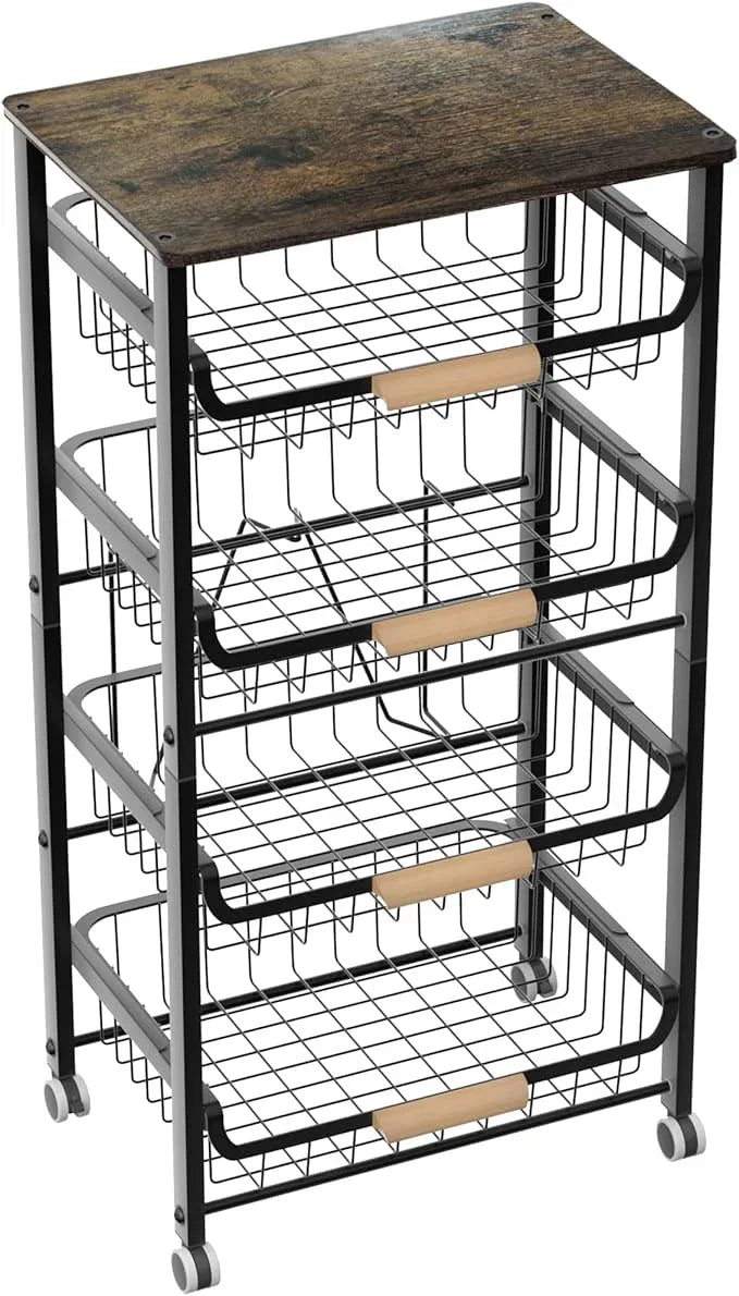 5-Layer Fruit Basket Kitchen Food Organizer and Rack, Stackable Storage Cart with Desktop, Pull-Out Hollow Metal Basket, Wheeled Sorting Rack Spice Rack, Black - ModernBath