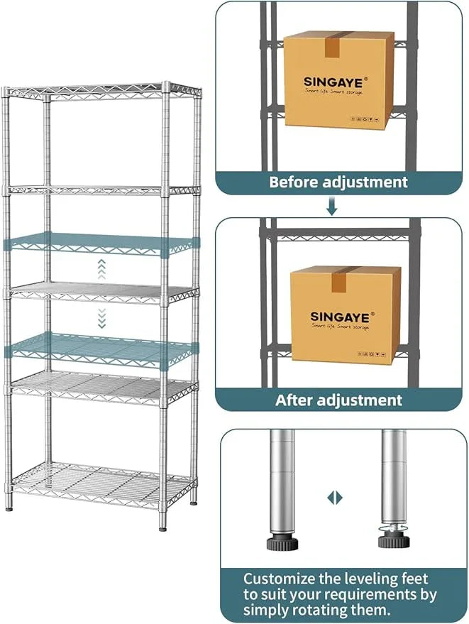 SINGAYE 5 Tier Storage Garage Shelving Units Heavy Duty Wire Shelves Pantry Metal for Pantry Closet Kitchen Laundry Bathroom Organizers Shelf Home Shorage Gray - ModernBath