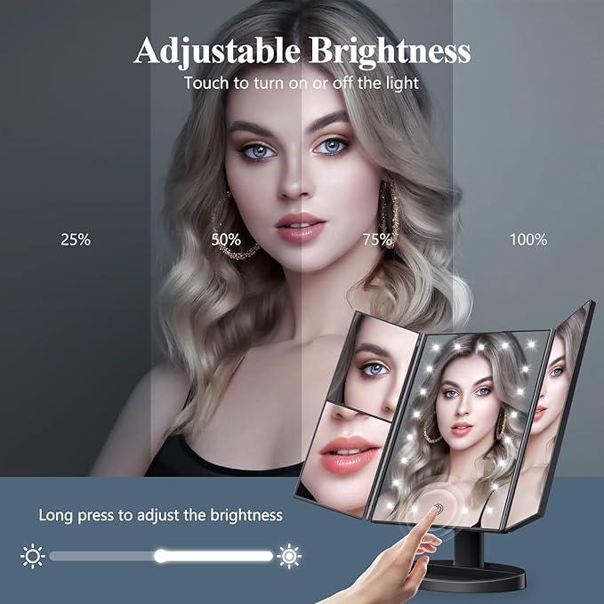 HUONUL Makeup Mirror Vanity with Lights, 2X 3X 10X Magnification, Touch Control, Trifold Mirror, Dual Power Supply, Gifts for Women, Wife, Mom, Teengirls(Black) - ModernBath