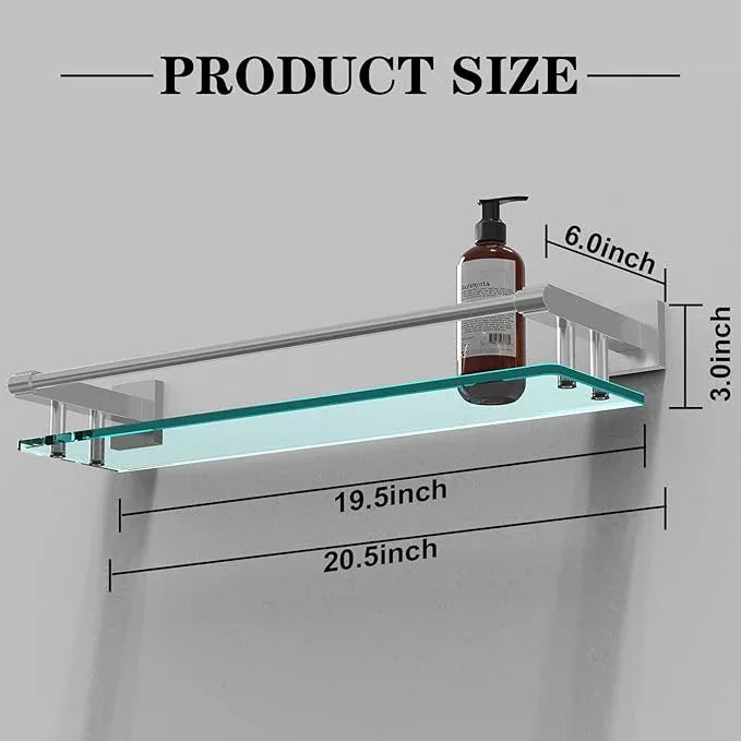 20 Inches Glass Shelf for Bathroom, Brushed Nickel Glass Shelves for Wall with Smooth Stainless Steel Railing, Modern Tempered Glass Organizer Shelf - ModernBath