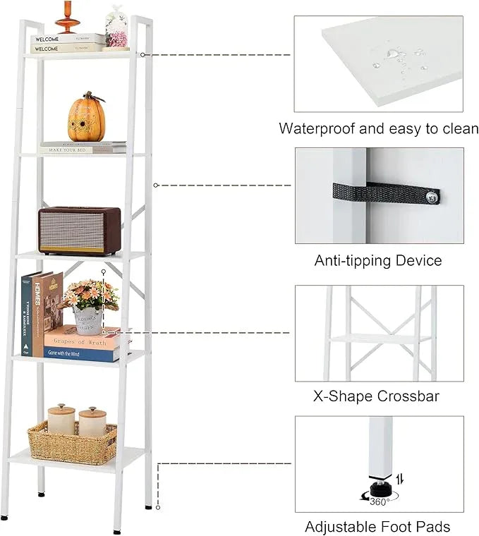 Hoctieon 5-Tier Industrial Ladder Bookshelf, Narrow Ladder Shelf, Tall Standing Bookshelf, Skinny Open Ladder Shelf, for Living Room, Home Office, Kitchen, Bedroom, Metal Frame, White - ModernBath