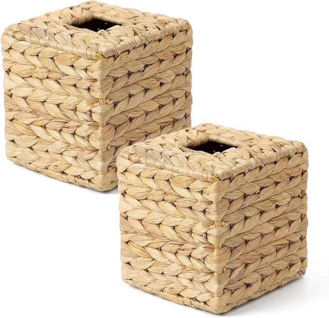 2 Pack Square Rattan Tissue Box Cover, Water Hyacinth Tissue Box Holder, Natural Hand Woven Wicker Tissue Holder for Bathroom, Kitchen, Living Room, Bedroom, Boho Decorative - ModernBath