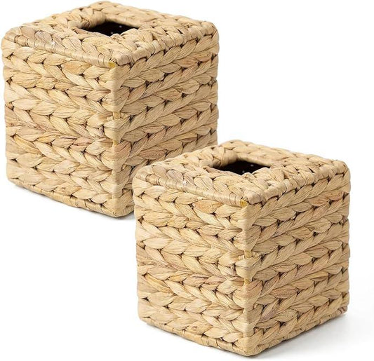 2 Pack Square Rattan Tissue Box Cover, Water Hyacinth Tissue Box Holder, Natural Hand Woven Wicker Tissue Holder for Bathroom, Kitchen, Living Room, Bedroom, Boho Decorative - ModernBath
