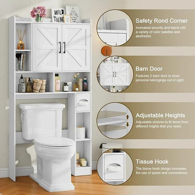 Vabches Over The Toilet Storage Cabinet, Farmhouse Storage Cabinet Over Toilet with 2 Barn Door & Toilet Paper Holder Stand，Home Space-Saving Toilet Rack, for Bathroom, Restroom, Laundry - ModernBath