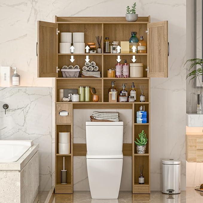 Over The Toilet Storage Cabinet, Farmhouse Toilet Cabinet Rack with Barn Doors, Space Saving Bathroom Organizer with Shelves,Toilet Paper Holder and Towel Rack for Bathroom,Restroom,Laundry,Rattan Oak - ModernBath