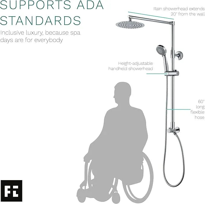 Fennocasa Polaris 3 Rain Shower System, 8” Rainfall Shower Head and Handheld Shower Combo, includes 3-Setting Handheld Spray, Height Adjustable Shower Wand Holder, 60” Hose (1.8 GPM Chrome) - ModernBath