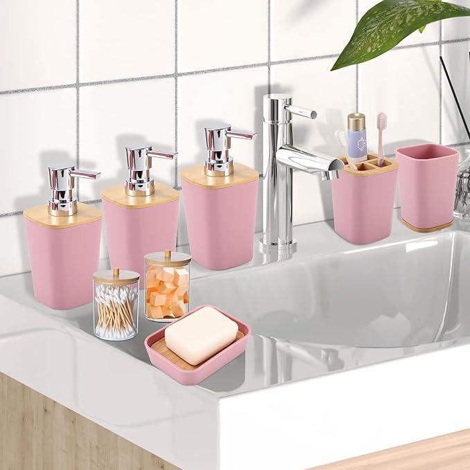 XLHOMO Pink Bathroom Accessories, Bathroom Accessories Set with Trash Can, Soap Dispenser, Toothbrush Holder, Toothbrush Cup, Soap Dish, Toilet Brush, Tray and Q-tip Holders for Housewarming - ModernBath