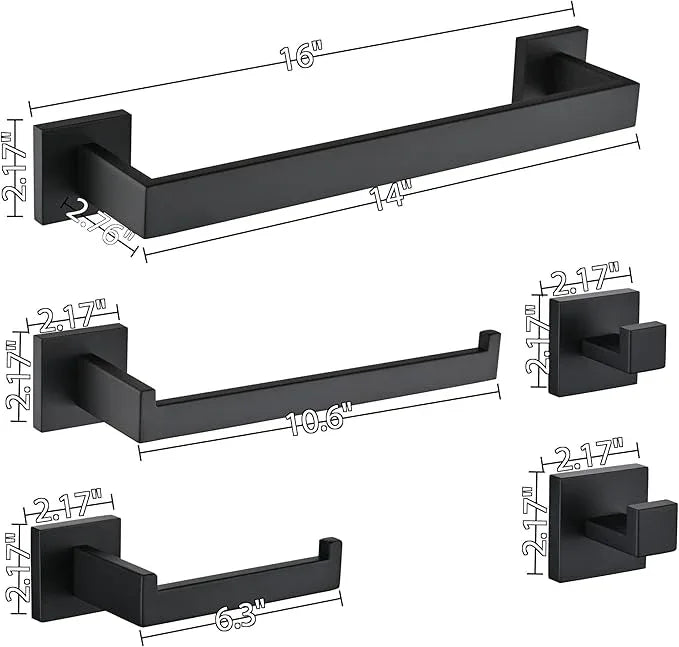 5 Piece Bathroom Hardware Set Matte Black, SUS304 Stainless Steel Towel Bar Set, Modern Square Accessories with 16 Inch Rack Toilet Paper Holder Robe Hooks (Matte Black) - ModernBath