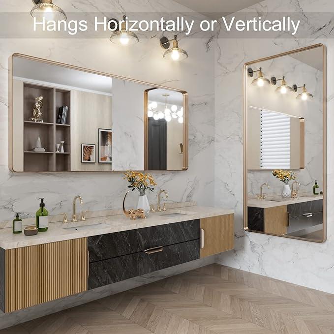 LOAAO 60”X28” Gold Bathroom Mirror, Rounded Rectangle Gold Frame Mirror, Brushed Gold Bathroom Vanity Mirror Wall-Mounted, Anti-Rust, Tempered Glass, Hangs Horizontally or Vertically - ModernBath