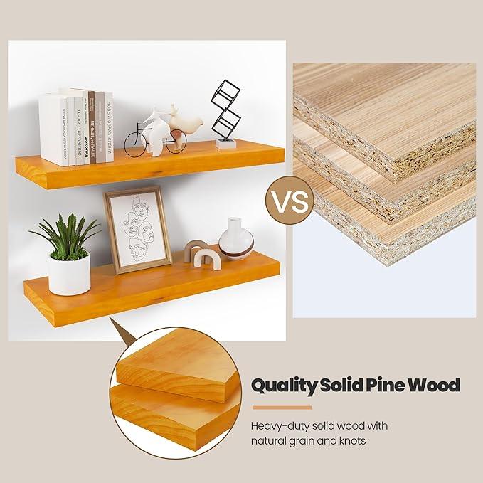 Pine Floating Wall Shelves Set of 2, 16 Inches Long x 8”x 1.4” Shelf Floating Rustic Farmhouse Decor, Heavy Duty Shelf, Wall Shelves for Bathroom Living Room Kitchen Bedroom Office, Honey Oak - ModernBath
