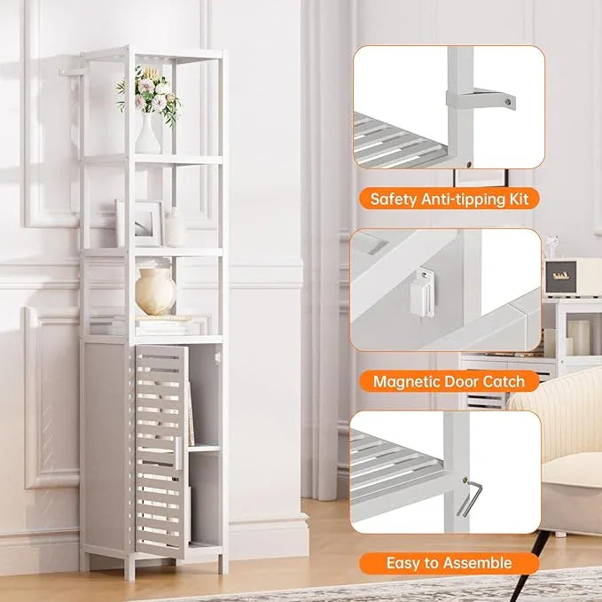 HITNET Bathroom Tall Cabinet, Floor Standing Bamboo Storage Cabinet with 6 Shelves and Shutter Door for Kitchen Living Room, White - ModernBath