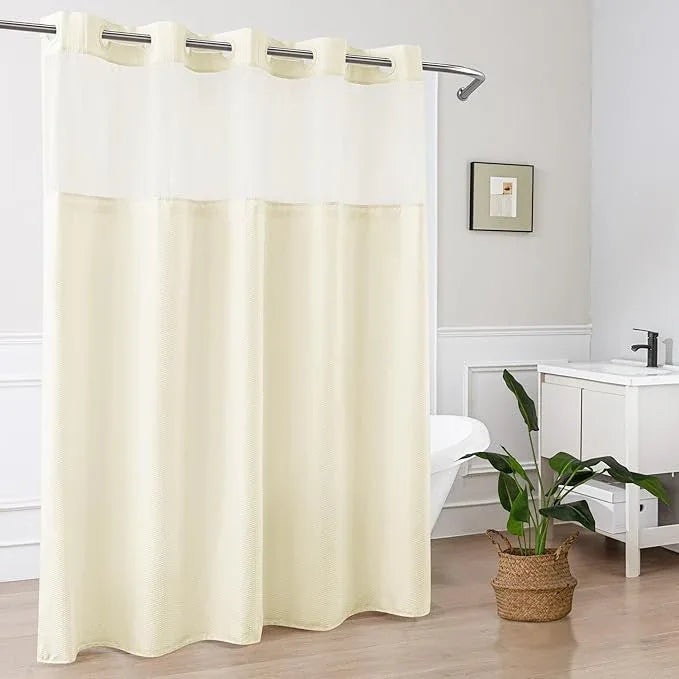 Mrs Awesome No Hook Shower Curtain with Snap-in Liner Less Time On/Off, Embossed Waffle-Look Textured Fabric Shower Curtain for Bathroom, Soft & Lightweight, 71x74, Cream - ModernBath