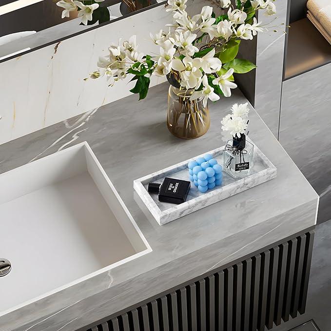 Real Natural Small Marble Tray for Bathroom, Vanity, Kitchen and Desktop, Rectangle Genuine Marble Stone Tray for Jewelry, Cosmetics, Candles, Lotion, Perfume and Home Decor (White, 12" x 5" x 1.2") - ModernBath