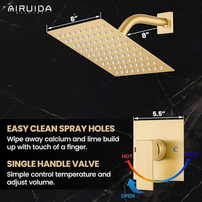 Airuida Shower Faucet Set Bathroom Rain Shower System SUS304 Stainless Steel Single Handle With Male Threads Rough-in Valve Shower Trim Kit 8 Inch Wall Mount Shower Head Brushed Gold - ModernBath