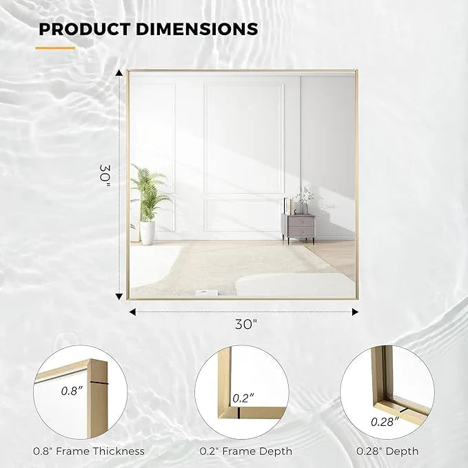 Bonverre 30x30 Inch Brass Bathroom Mirror for Wall, Aluminum Frame Rectangle Rectangular Vanity Mirror, Modern Large for Bedroom, Living Room, Horizontal or Vertical - ModernBath