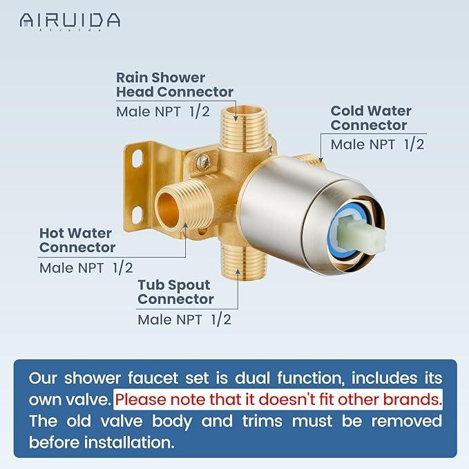 Airuida Shower Faucet Set and Handle Set Single Function Shower Trim Kit Ceiling Mount Rainfall Shower System with Male Threads and Rough-in Valve 12 Inch Square Shower Head Brushed Nickel - ModernBath